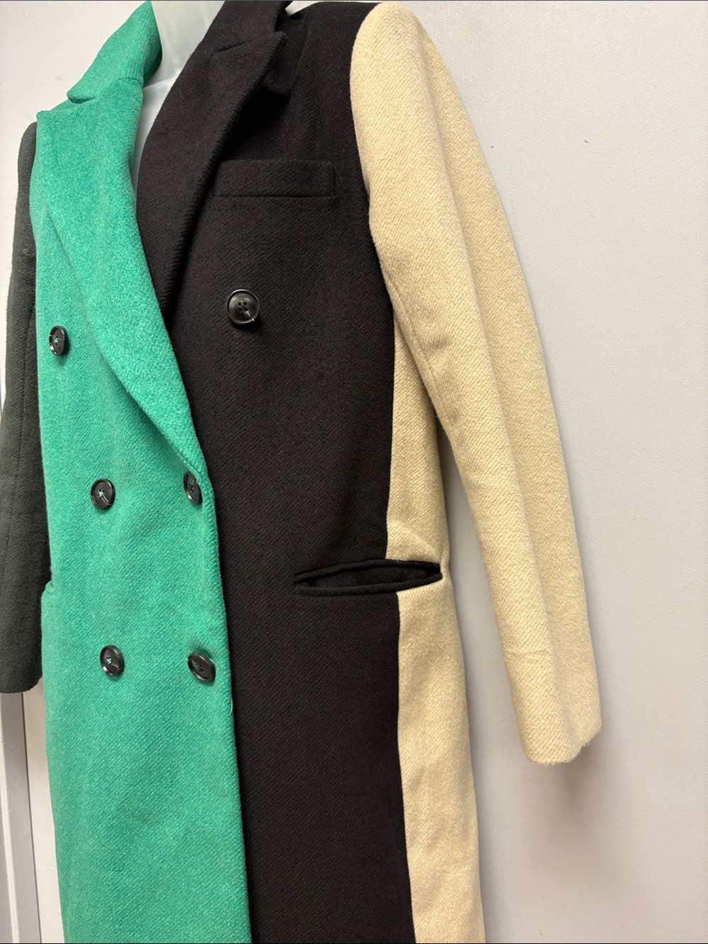 English Factory Colorblock Wool Blend Long Coat Green Black Cream S - Picture 4 of 15